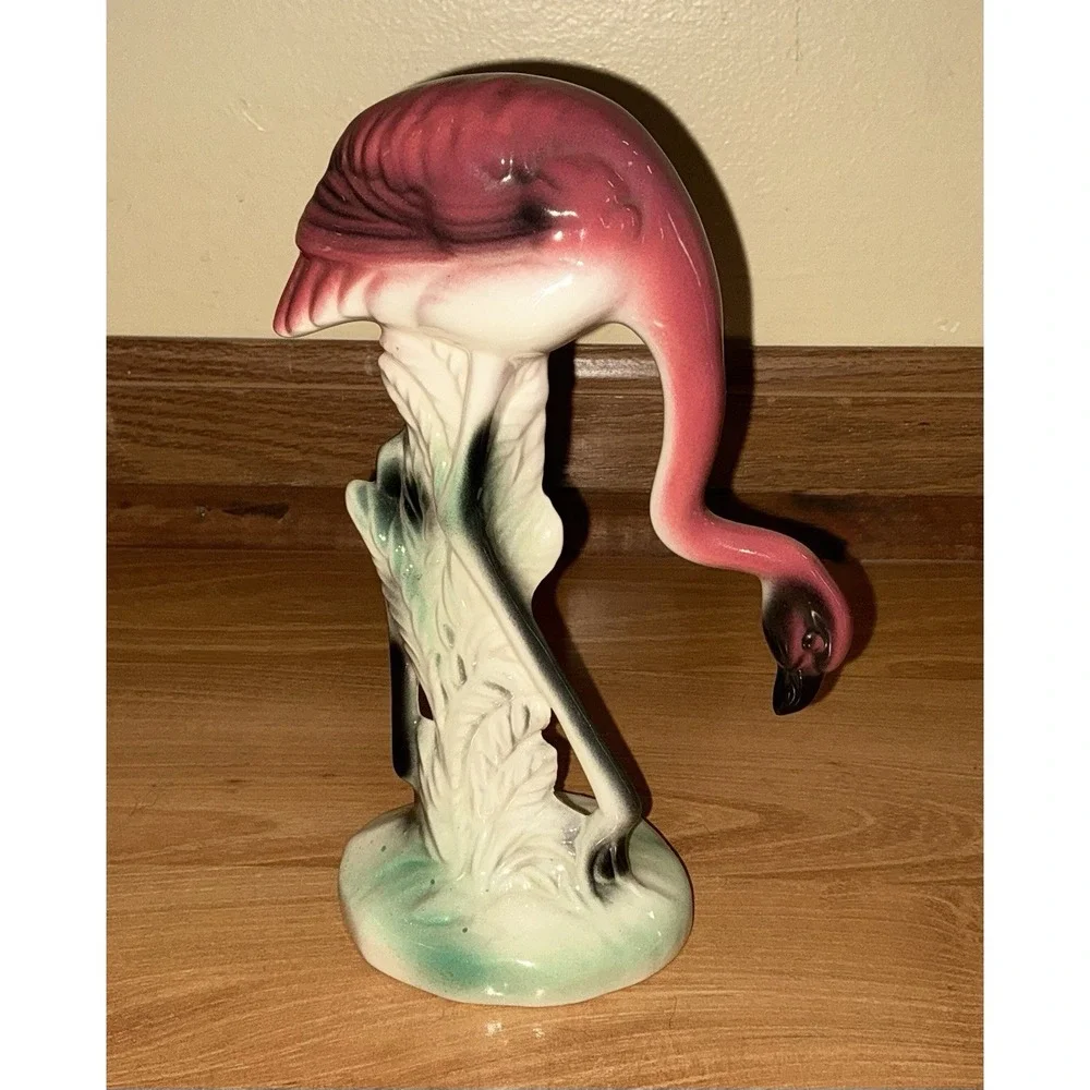 1950s Pink Flamingo 7.25 in. MCM Bird Statue Figurine Ceramic Pottery Head Down
